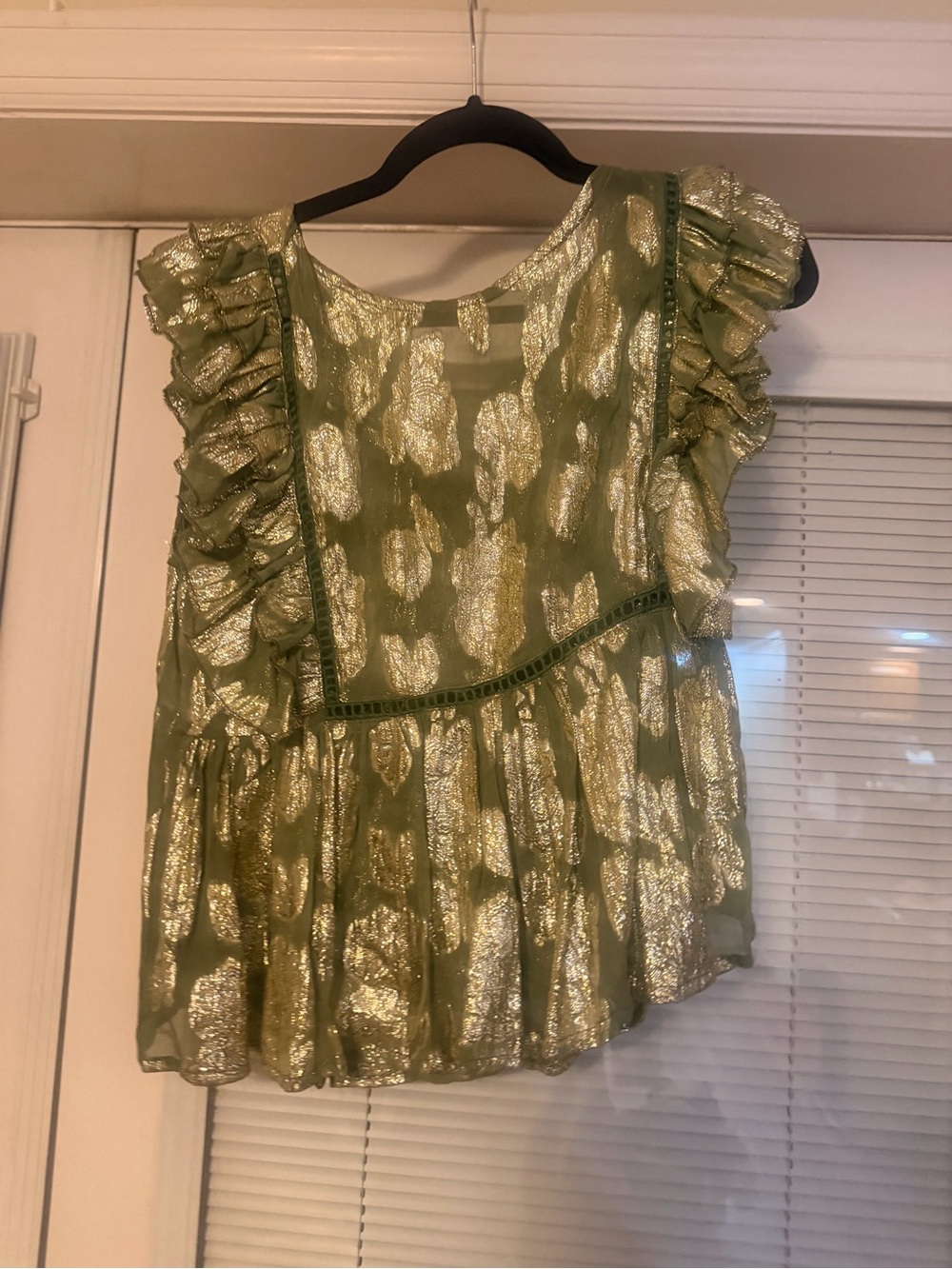 Metallic Olive Green Ruffle Sleeve Women's Top